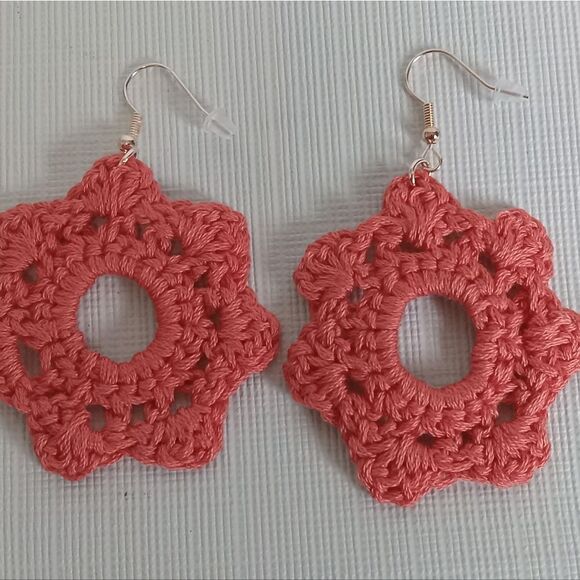 Handmade Pink Lightweight Flower Shaped Embroidery Floss Crochet Dangle Earrings - Picture 6 of 8